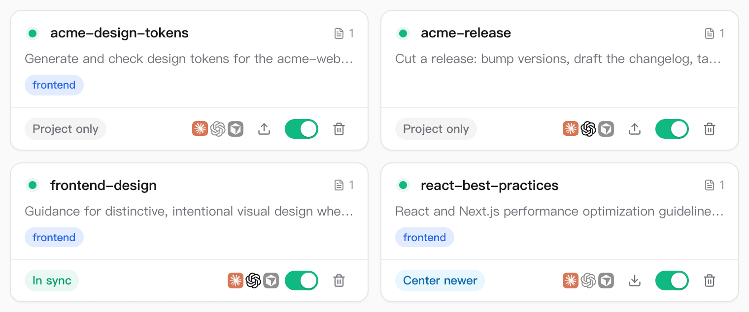 A project's skills marked Project only, In sync and Center newer